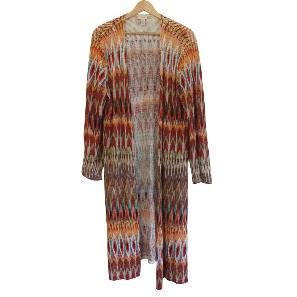 Chicos Cardigan Womens 2 Large Multicolor Ikat Print Linen Long Duster Western